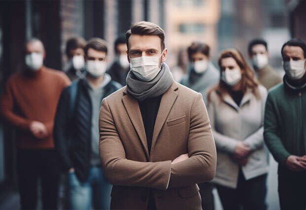 Mann trägt eine Atemschutzmaske und verschränkt seine Arme.