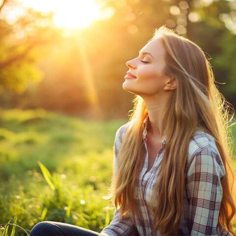 Frau sitzt auf einer Wiese in einem Wald und genießt die Sonnenstrahlen.